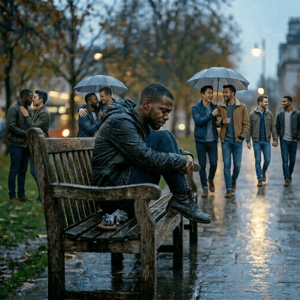 Person in dark raincoat sitting alone on a wet wooden bench in the rain